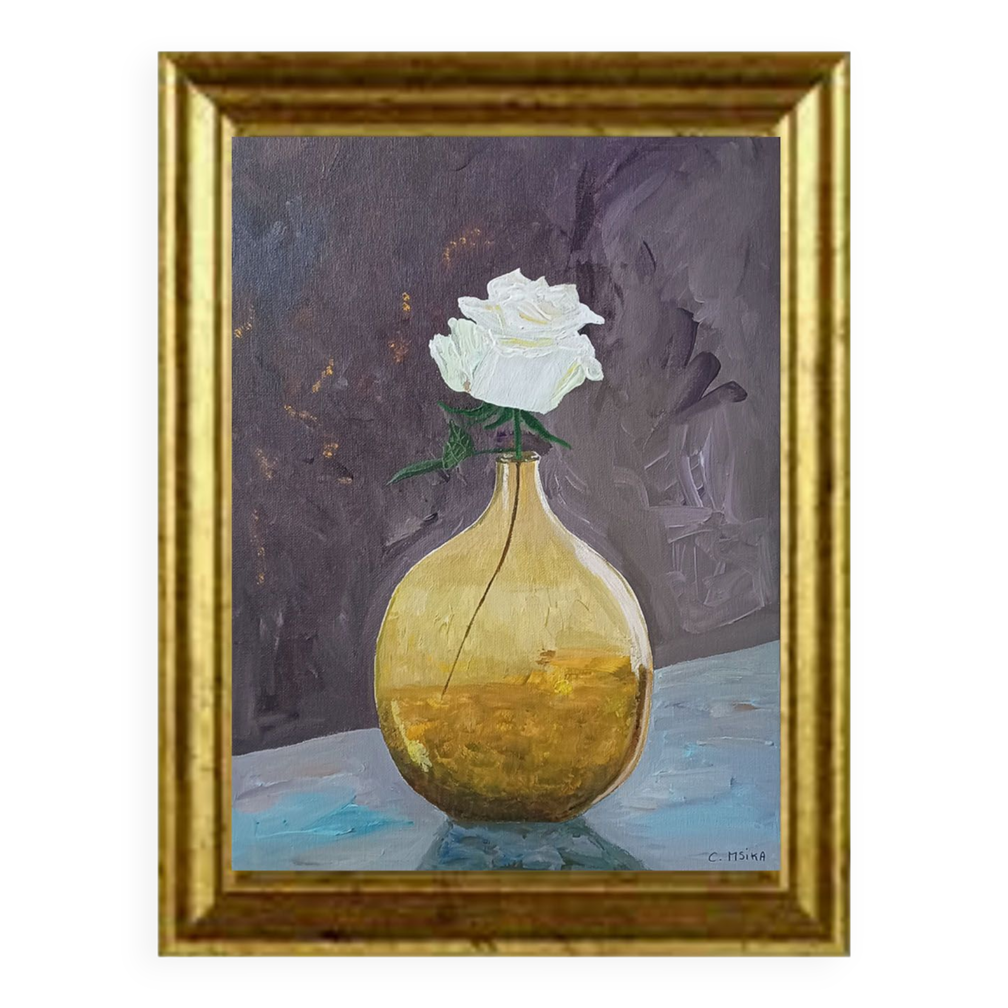 Painting, White rose in translucent ocher vase