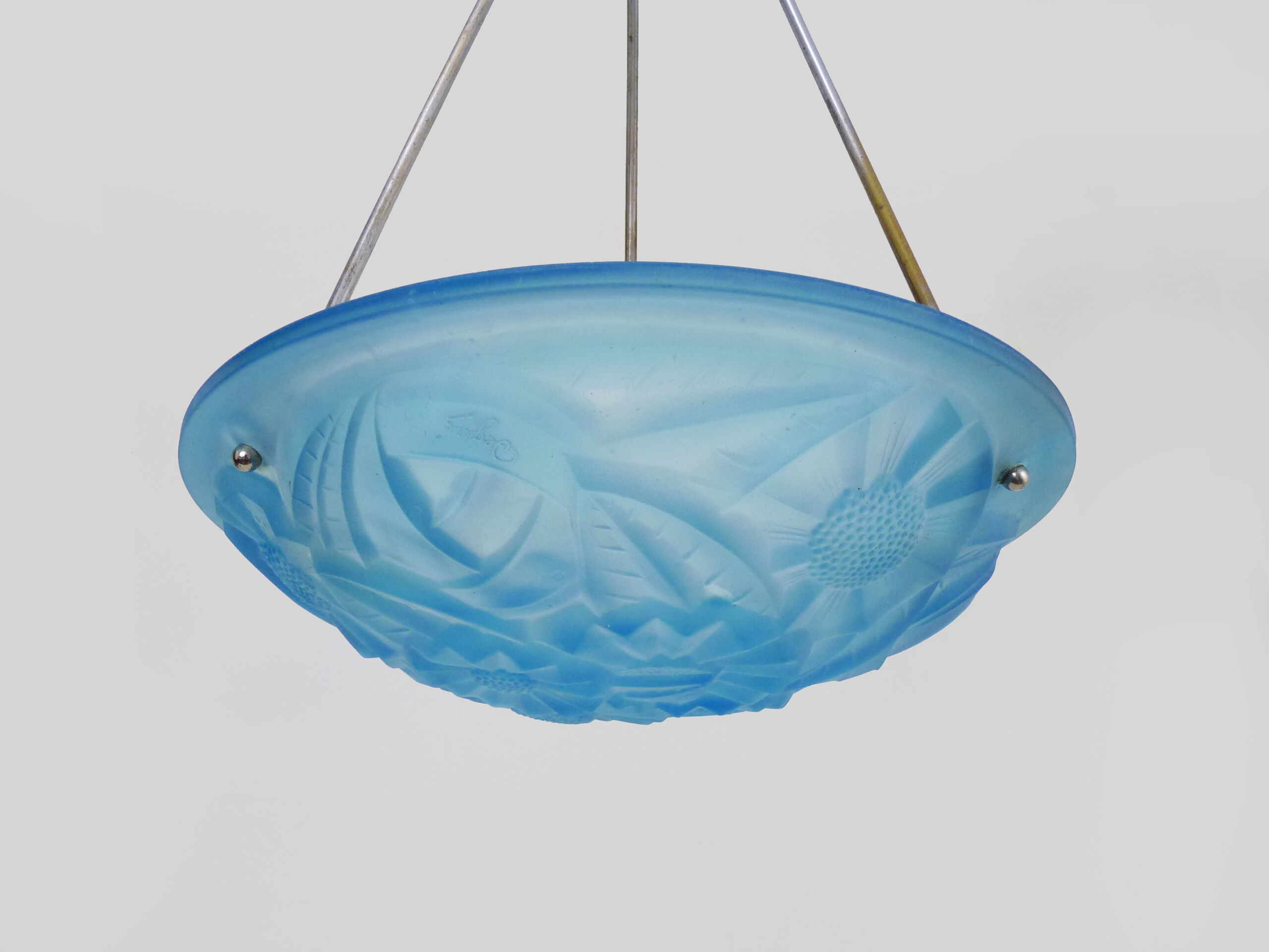 Old degue chandelier, suspension basin art deco 1 fire, in blue glass paste. signed degué