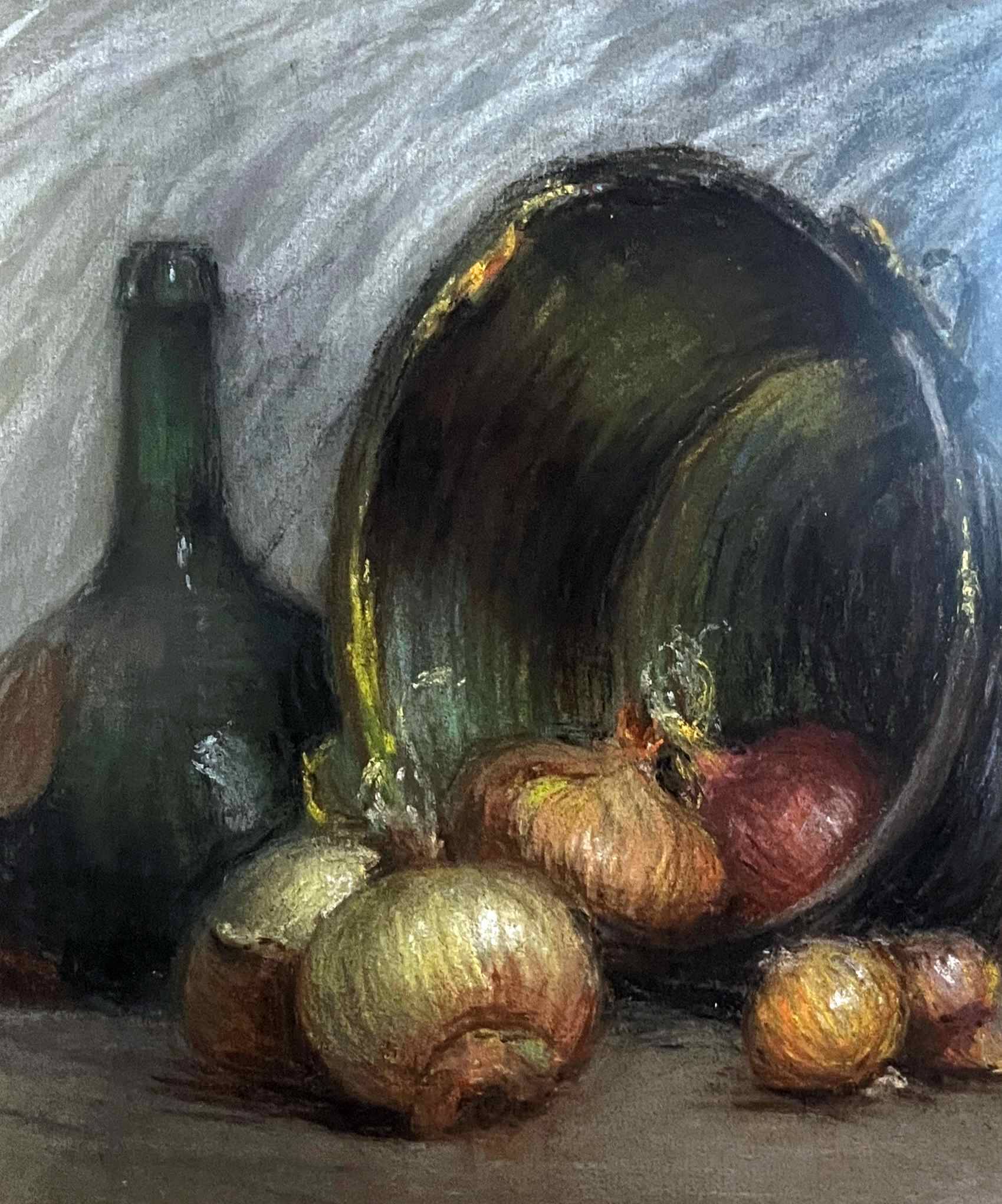 Pastel painting "Still life with onions and bottles" attr. Léonce Pellet