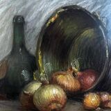 Pastel painting "Still life with onions and bottles" attr. Léonce Pellet