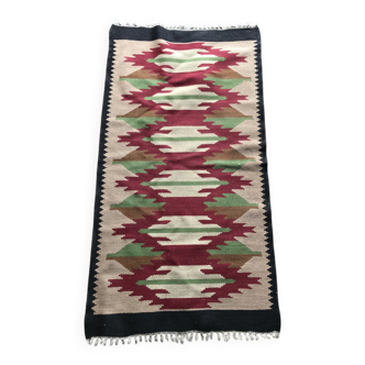 Mid-Century red textile rug - 1940s geometric pattern, 62x119 cm