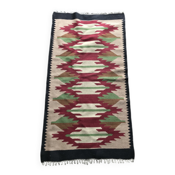 Mid-Century red textile rug - 1940s geometric pattern, 62x119 cm