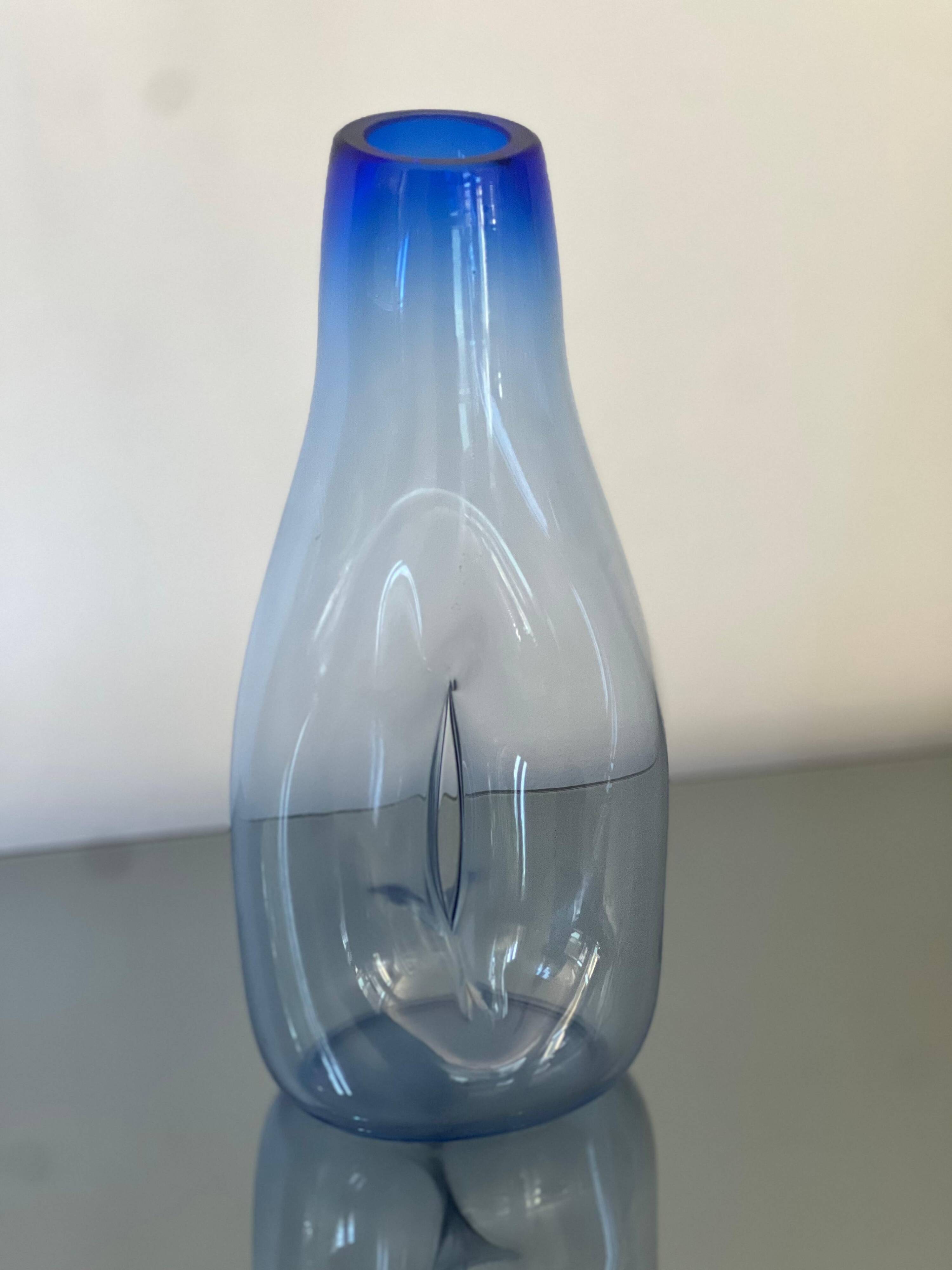 Beautiful Vintage Murano Modern Vase, Blue and Clear Glass, 1970's