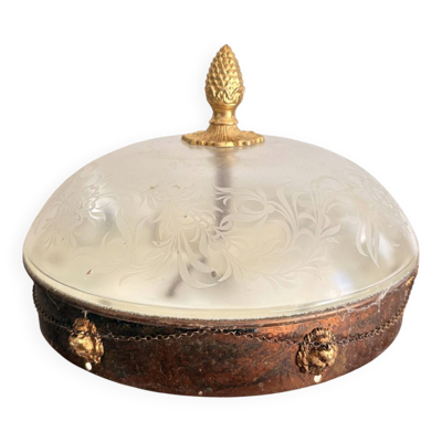 Plafonnier Vasque Néo Classique Verre Givré Directoire Empire Tête Lion
