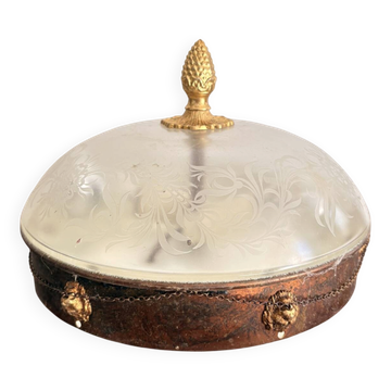 Plafonnier Vasque Néo Classique Verre Givré Directoire Empire Tête Lion