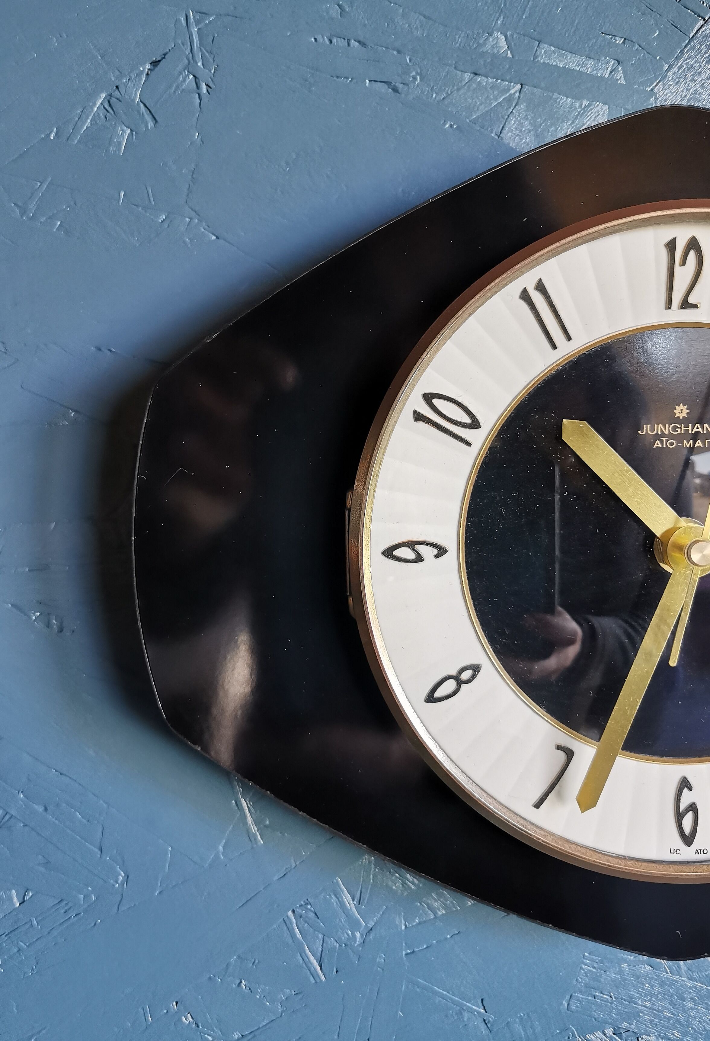 Vintage formica clock silent wall clock "Junghans golden black"