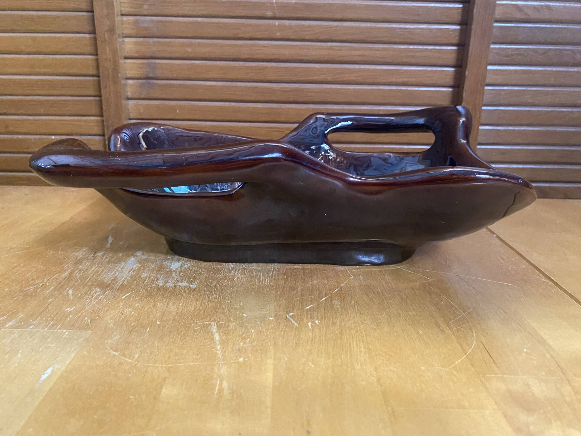 Coupe Centre De Table VALLAURIS Céramique Marron & Bleu Vintage #E172