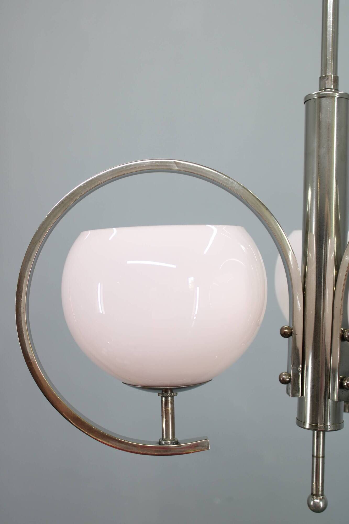Art Deco nickel chandelier with light-pink opaline shades, Czechoslovakia, 1930s