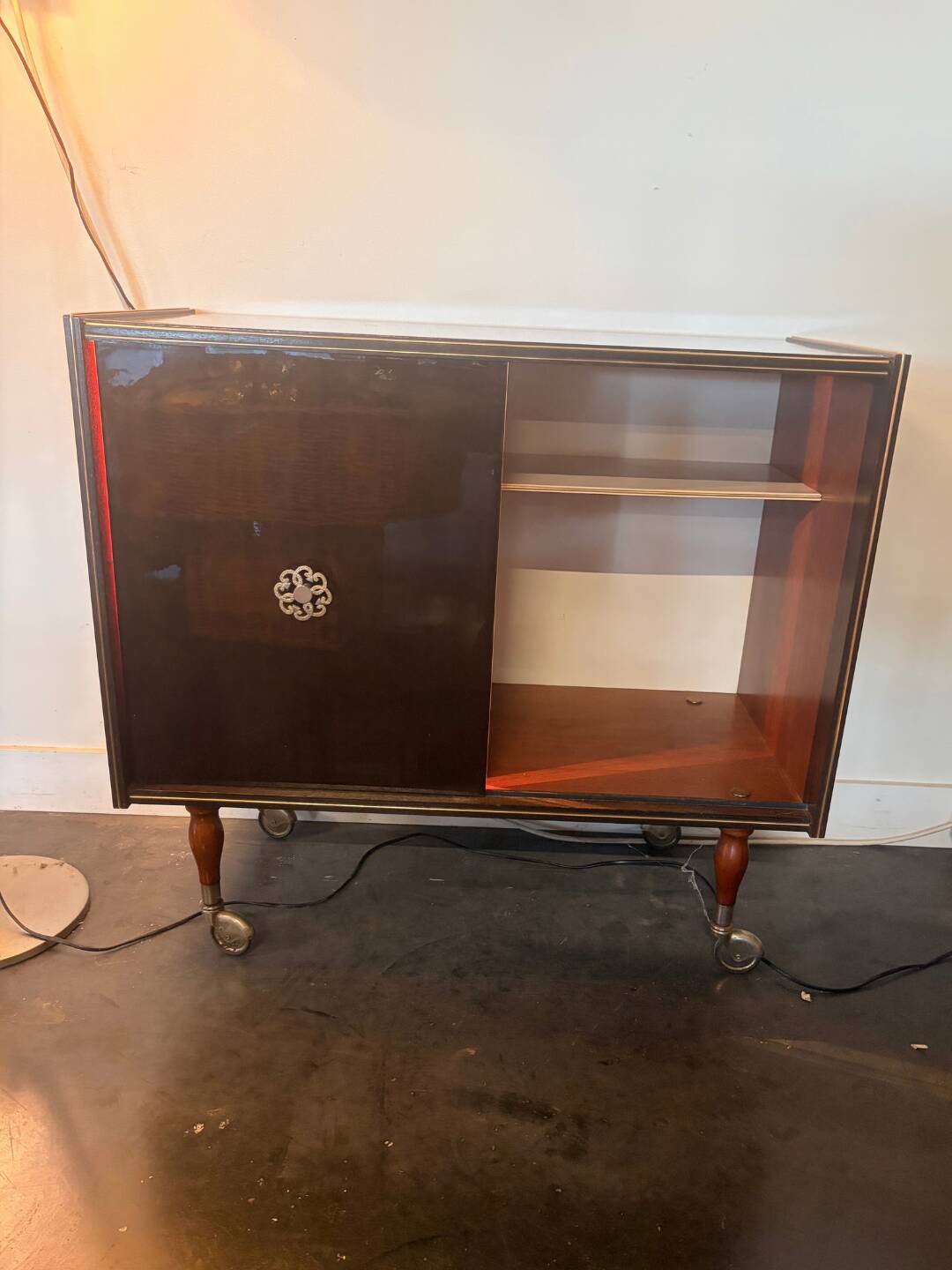 Large vintage bar cabinet from the 50s/60s – illuminated, sliding doors, on wheels.