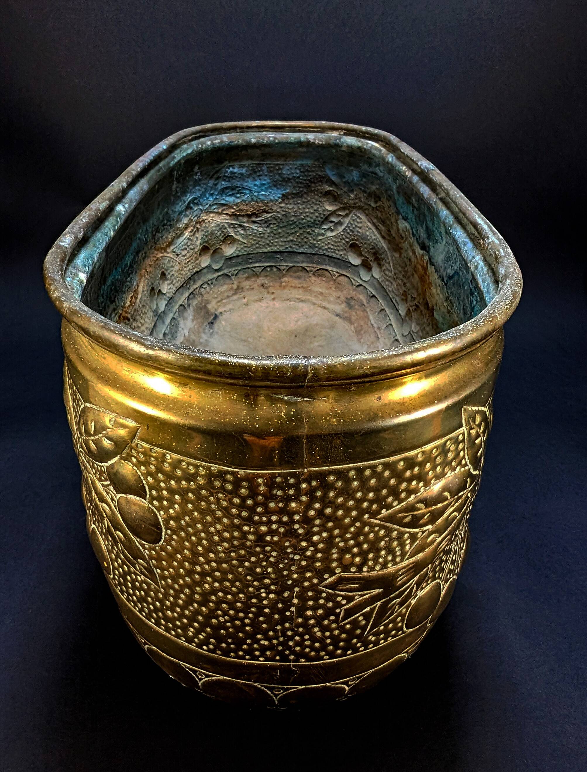 Antique Brass Jardinière – Repoussé Cherry & Leaf Décor – c.1900