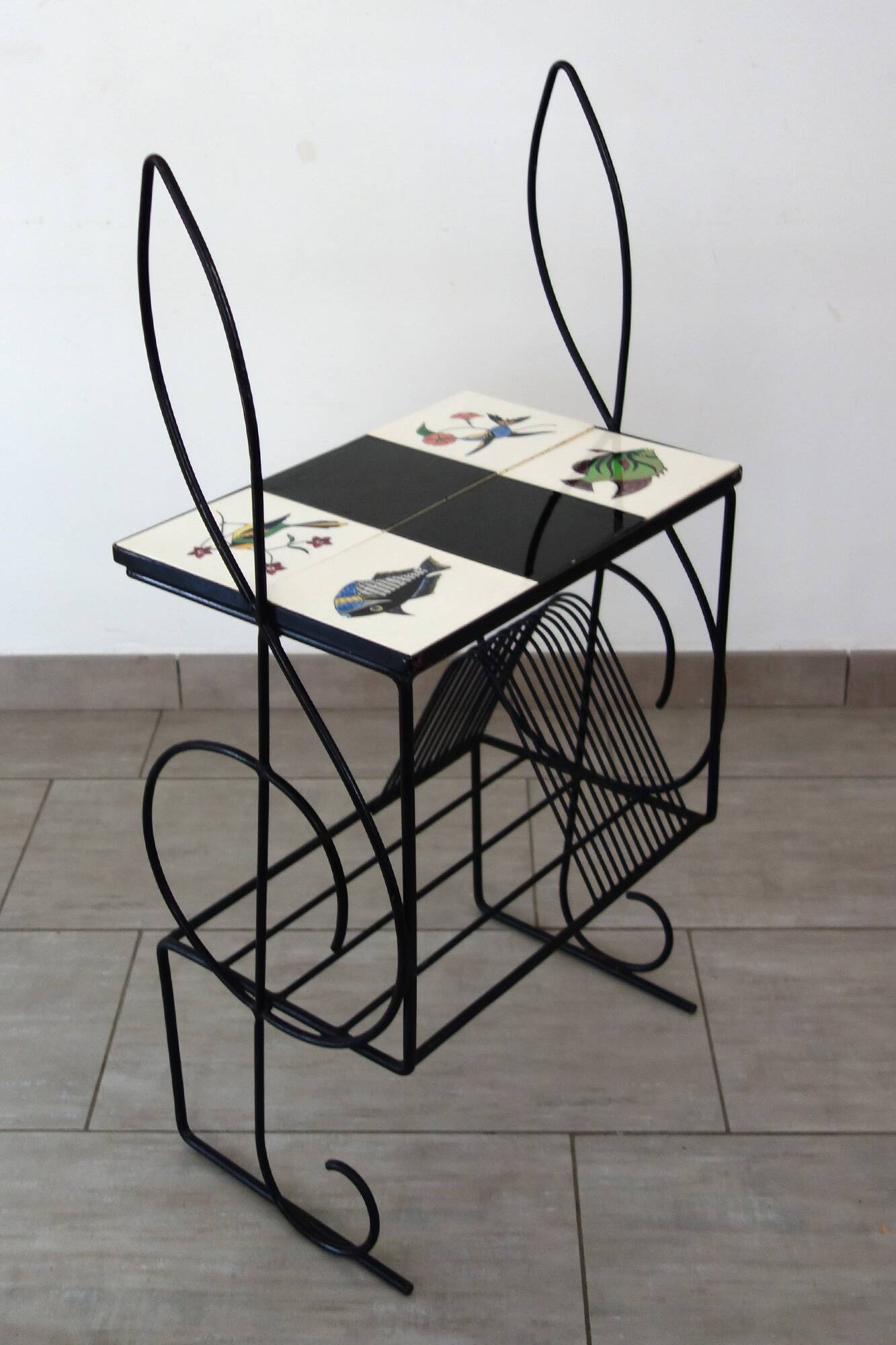 1960s metal and ceramic magazine and record rack