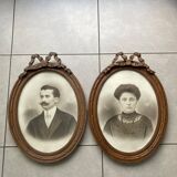 Pair of portraits of a couple in a 1900s knotted frame