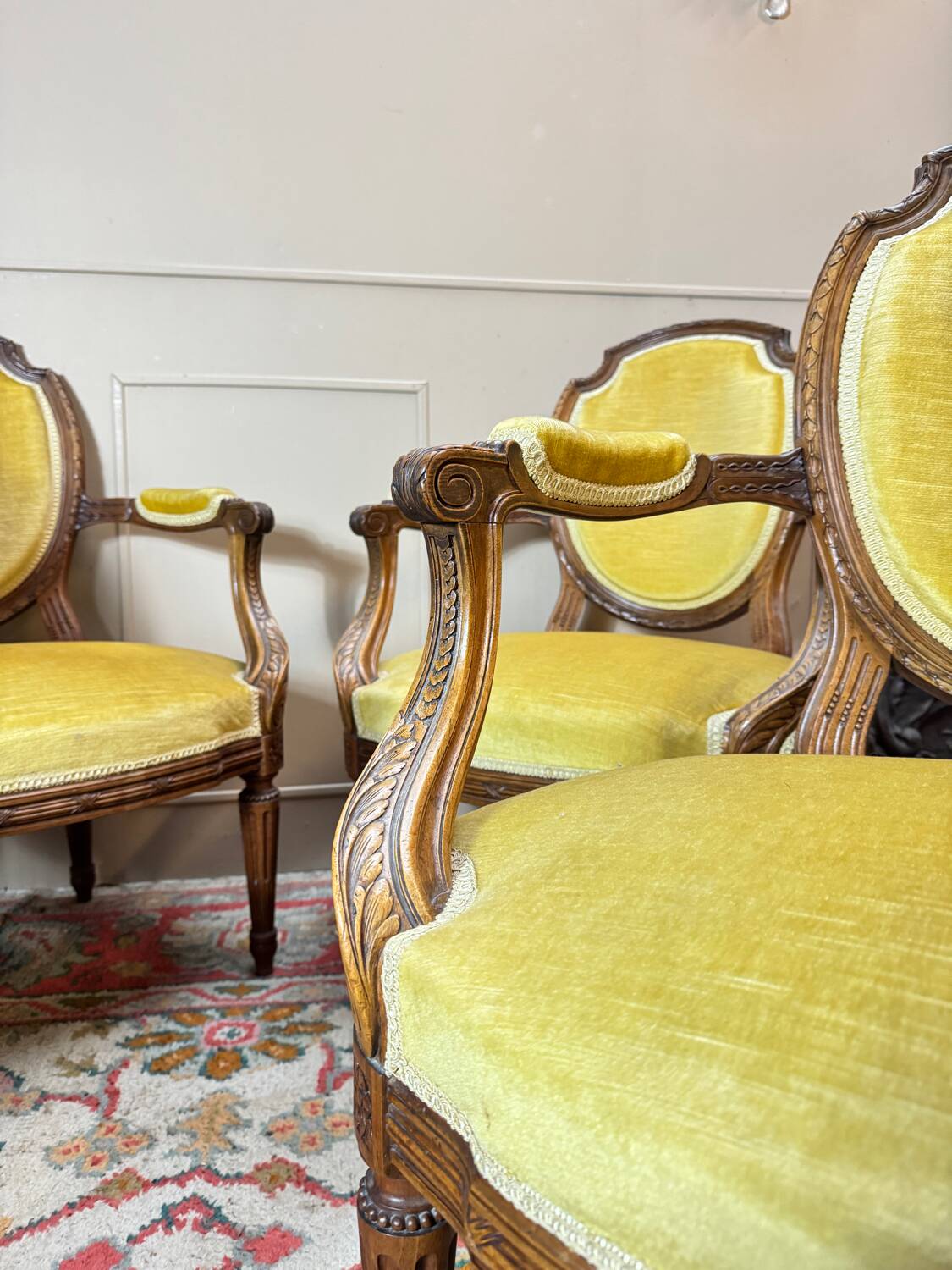 Set of four natural wood armchairs in louis xvi style 19th century