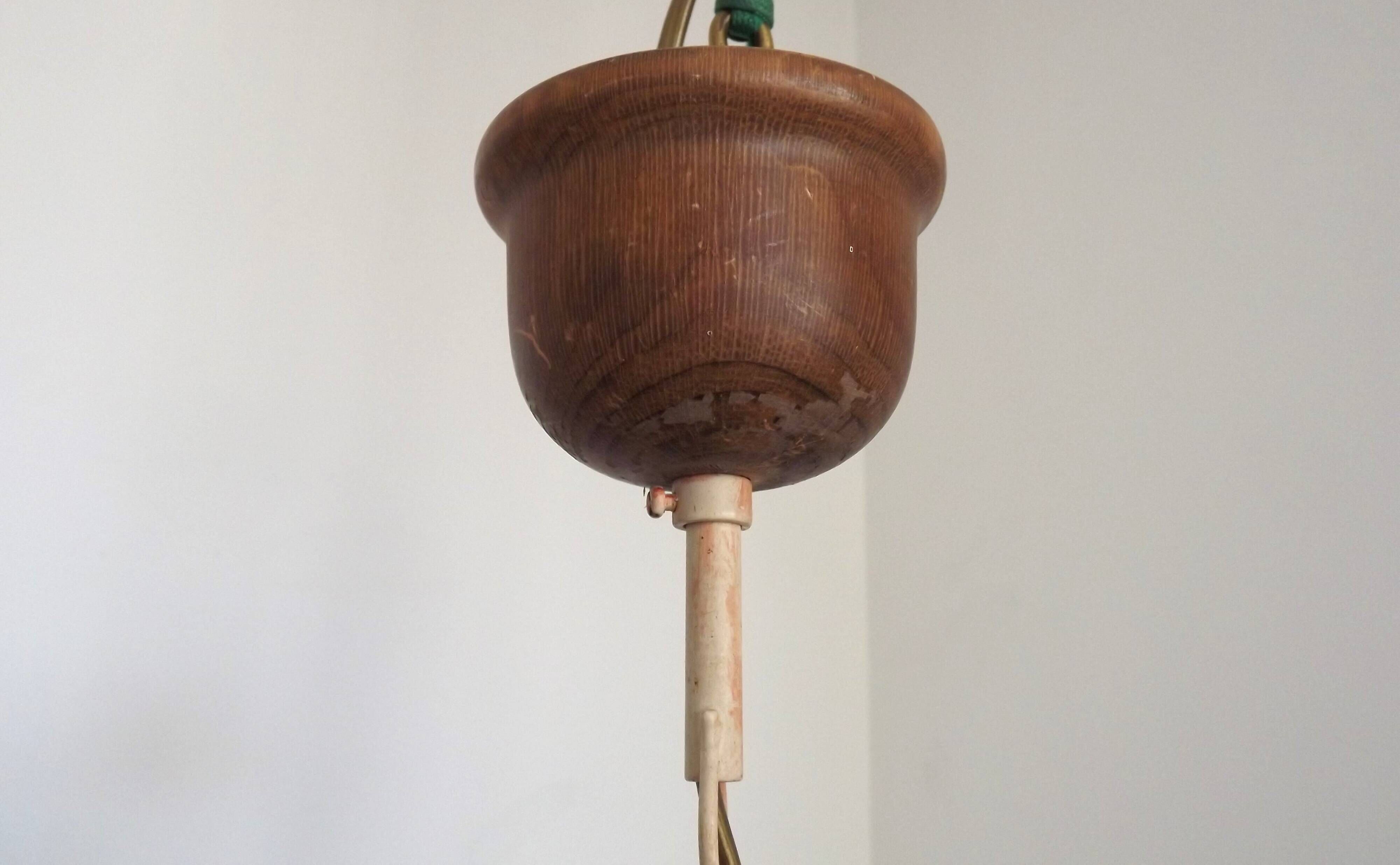 French Vintage Leaf Metal and Wood Hanging Light Textured Glass Shade