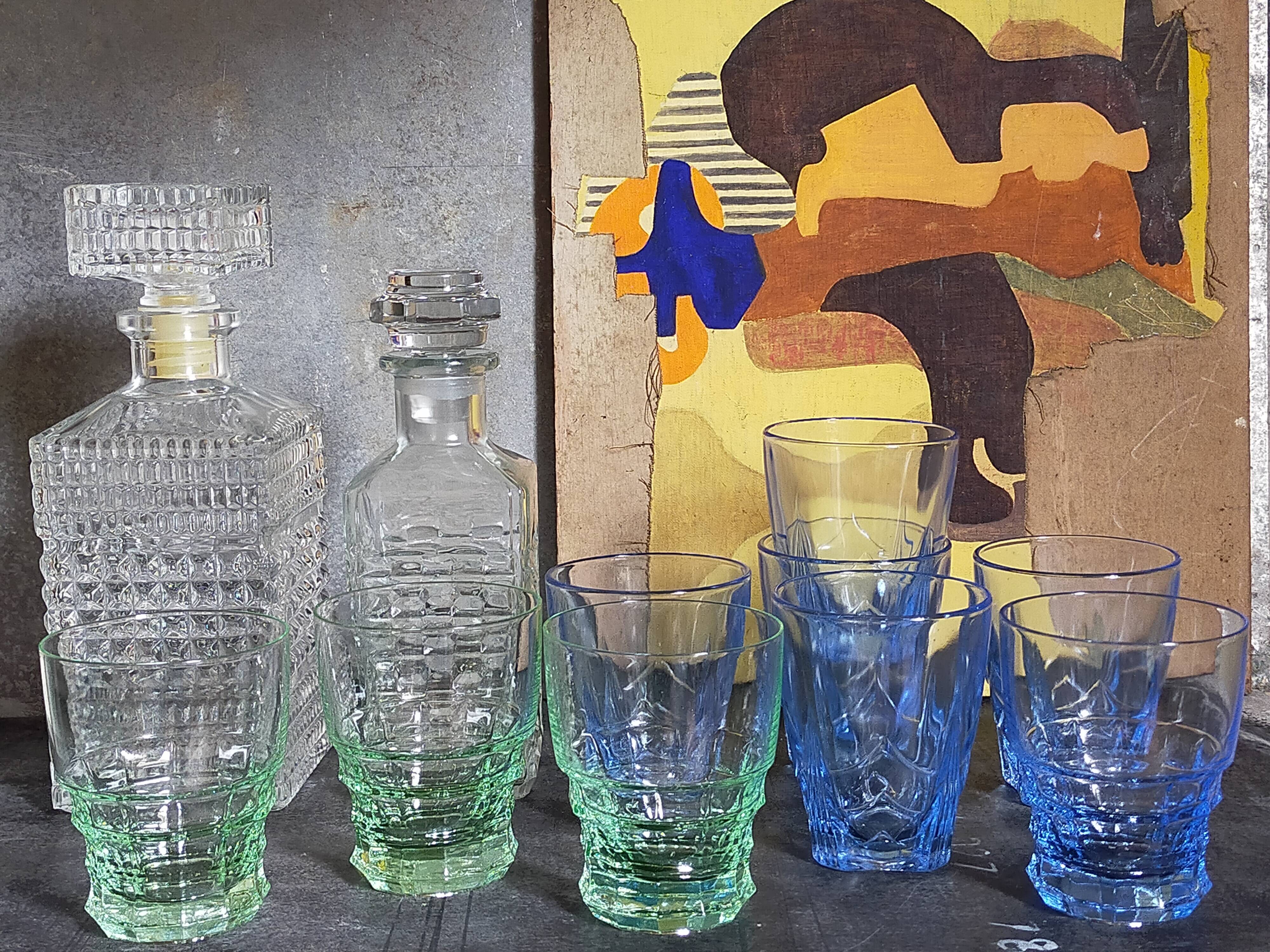 Nine colored art-deco glasses 40s