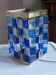 1970s designer table lamp with blue and clear plexiglass pendants.