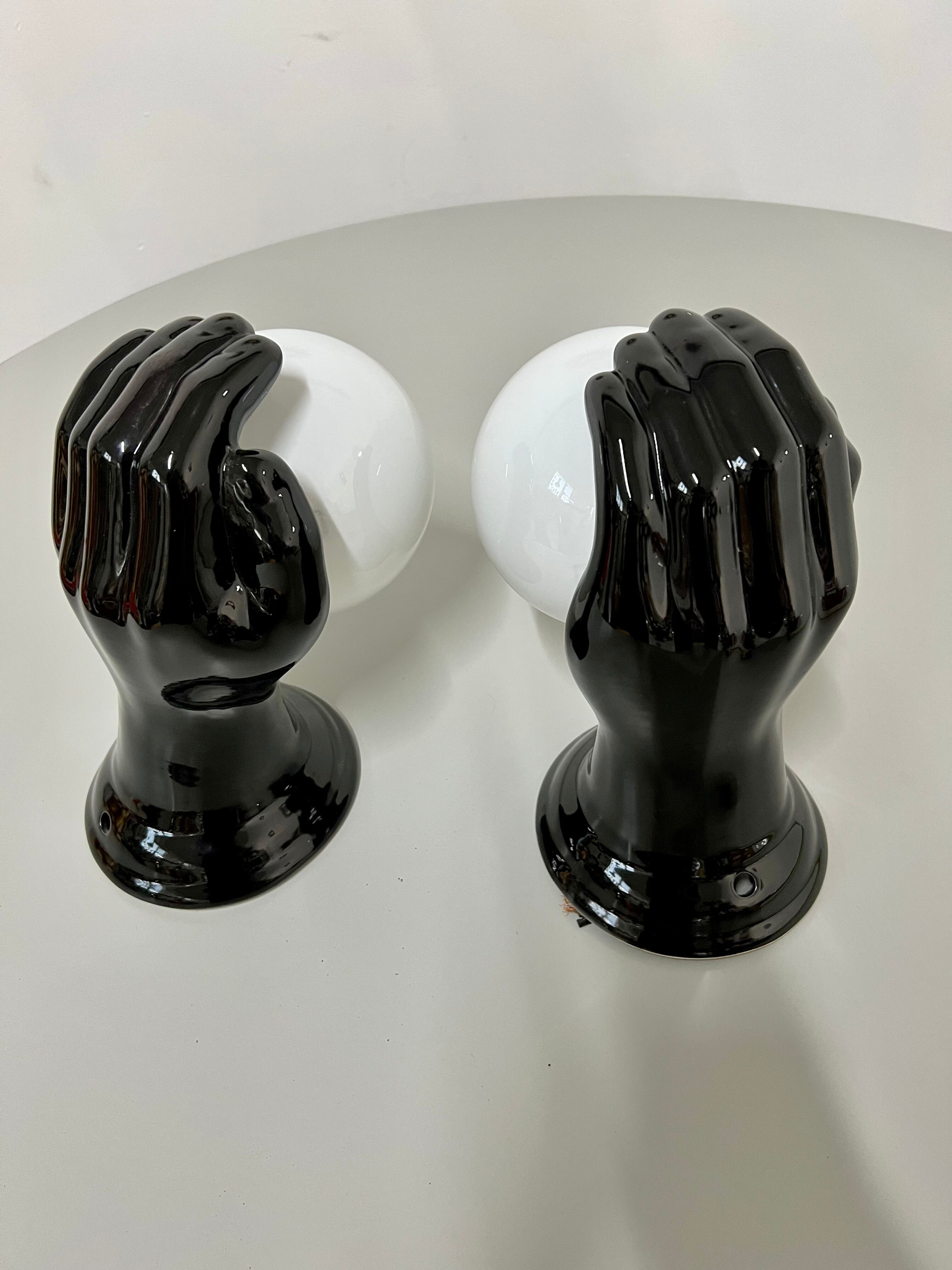 2 black ceramic hand lamps from the 70s / vintage and opaline lamp