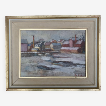Modernistes vintage suédois peinture à l’huile ville motif paysage par Rolf Wass années 1950