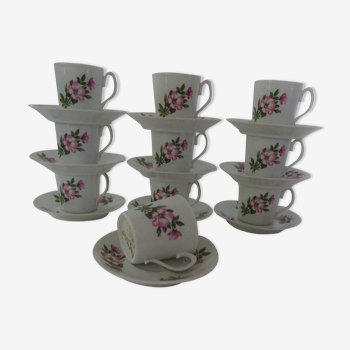 10 tasses à café porcelaine limoges églantine rose fleurs