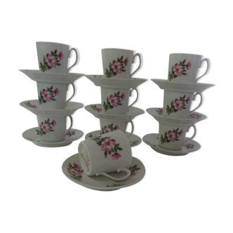 10 Coffee cups porcelain Limoges rosehip pink flowers