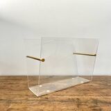 Superb magazine rack in plexiglass and brass by David Lange