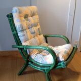 Large vintage green bamboo rattan armchair from Gâtinais with cushion