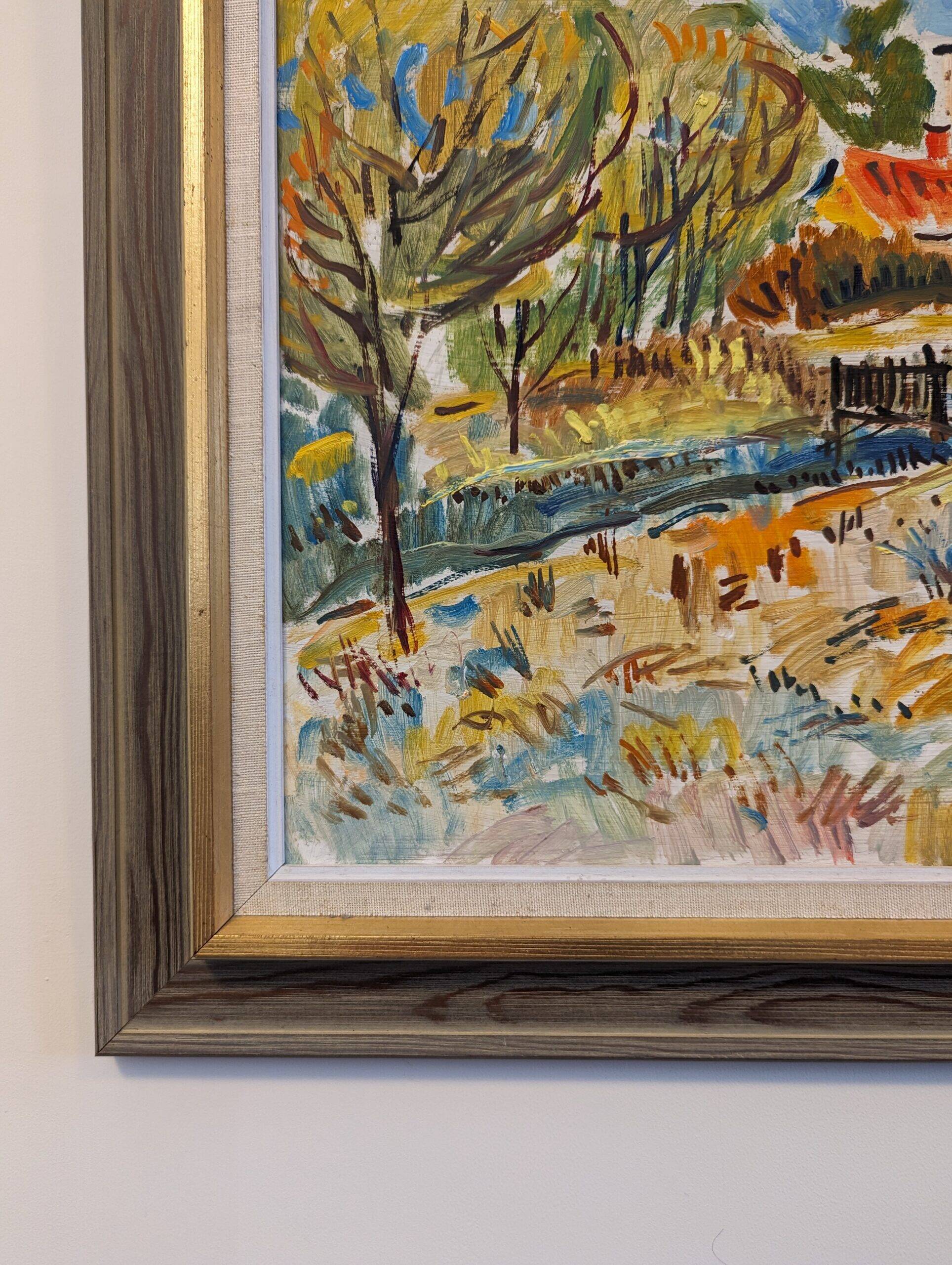 Mid-Century Modern Swedish "Fauvist Field" Vintage Landscape Oil Painting, Framed