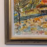 Mid-Century Modern Swedish "Fauvist Field" Vintage Landscape Oil Painting, Framed