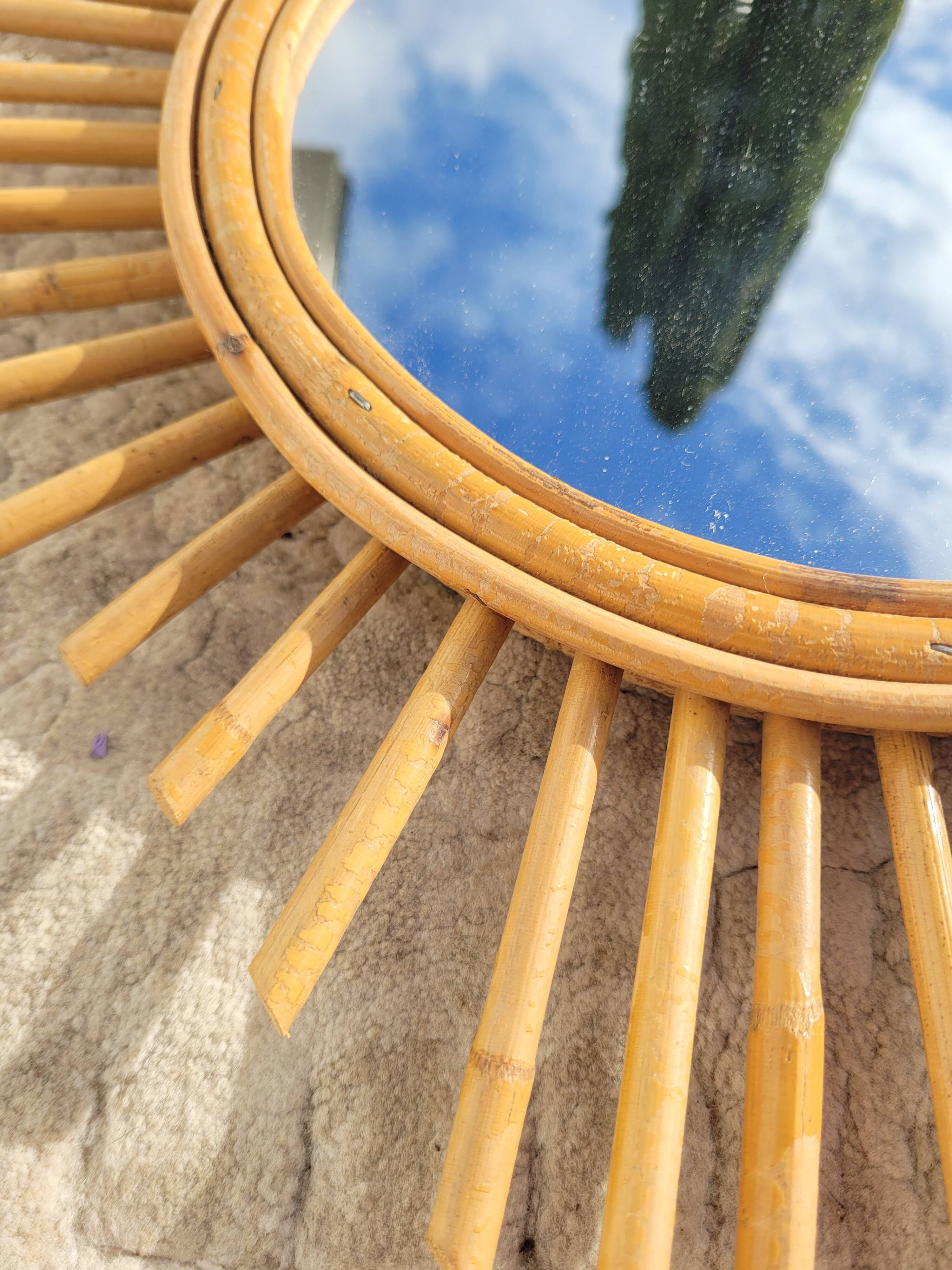 Vintage rattan sun mirror circa 1970