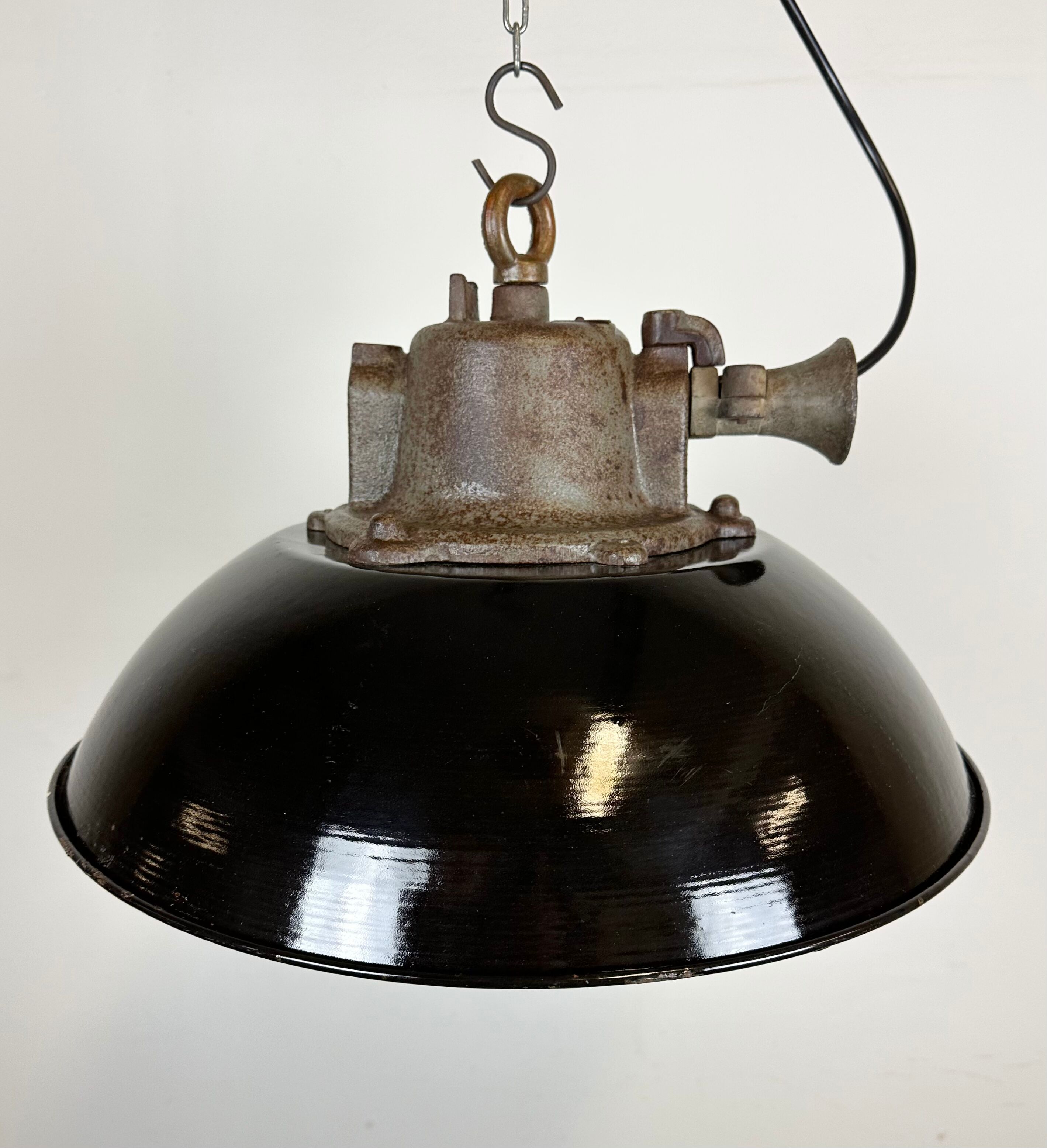 Black enamel and cast iron industrial cage pendant light, 1950s