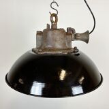 Black enamel and cast iron industrial cage pendant light, 1950s