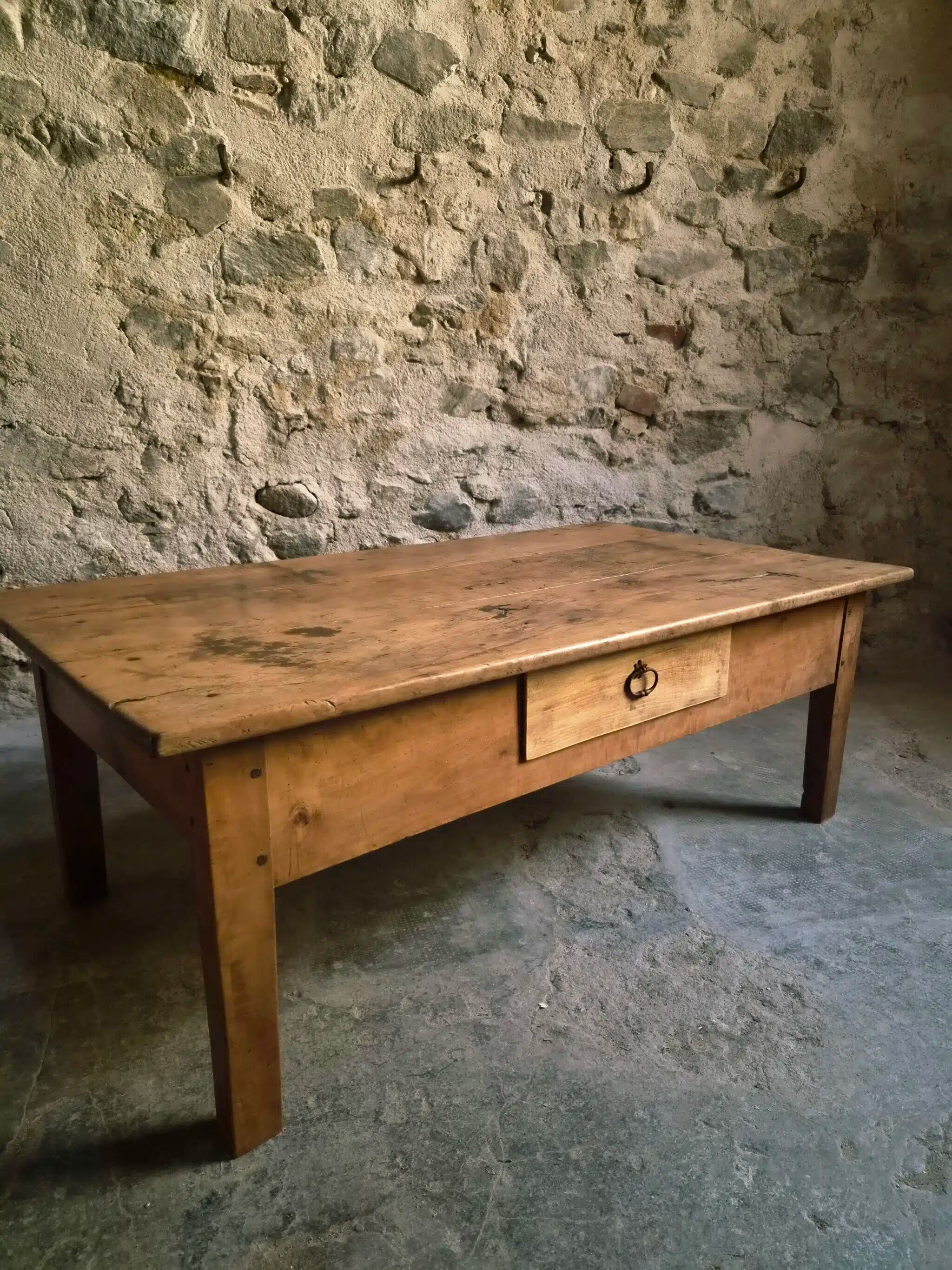Antique cherry coffee table, rustic farmhouse table with drawer, circa 1750–1800.