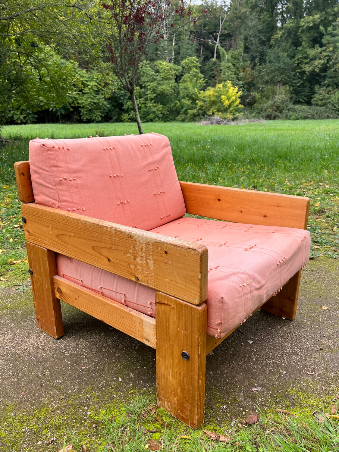 70s pine designer armchair, Perriand style
