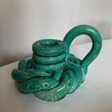 Vallauris 1960 braided ceramic candle holder in turquoise glazed clay