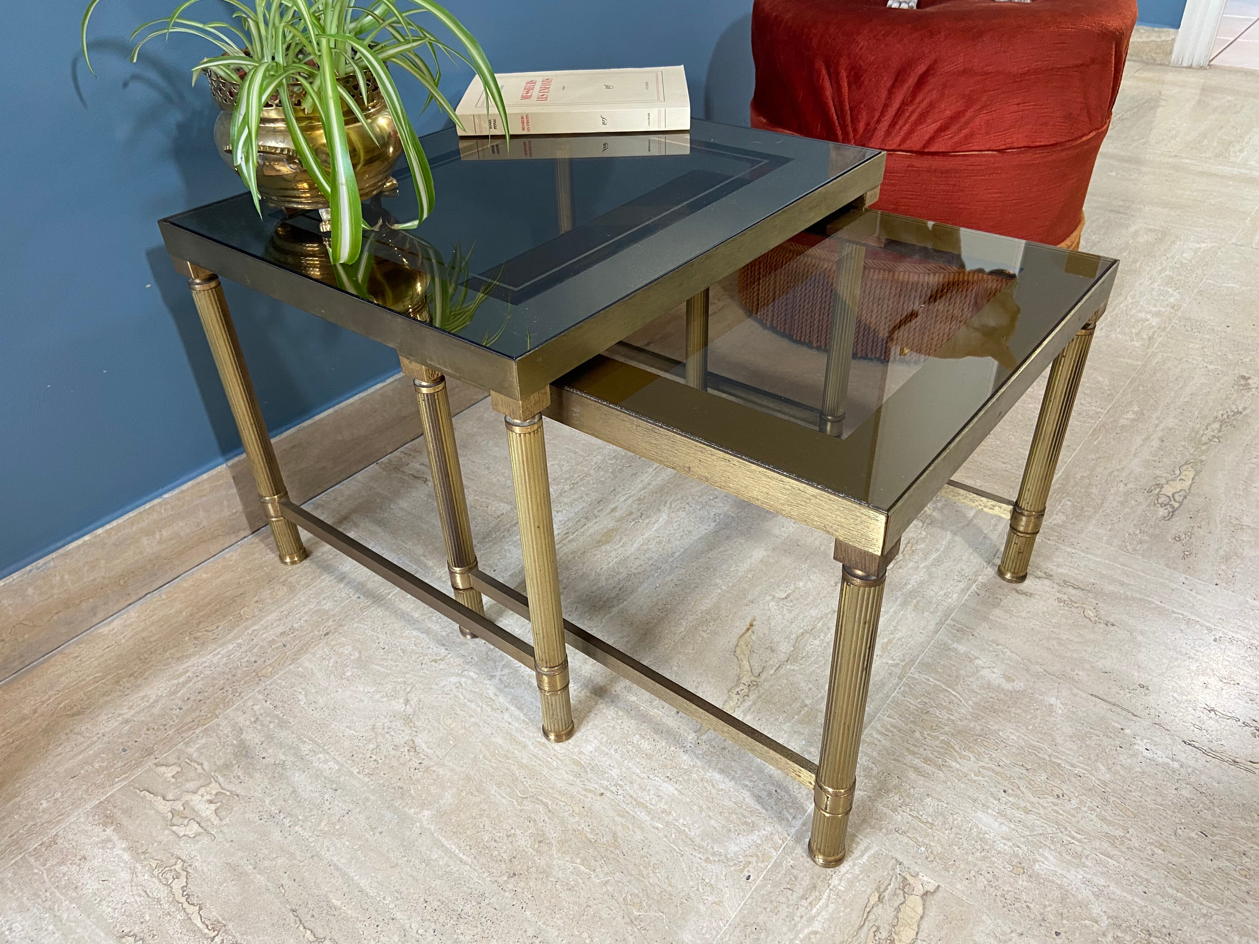 Tables gigognes vintage 1970 métal doré & verre