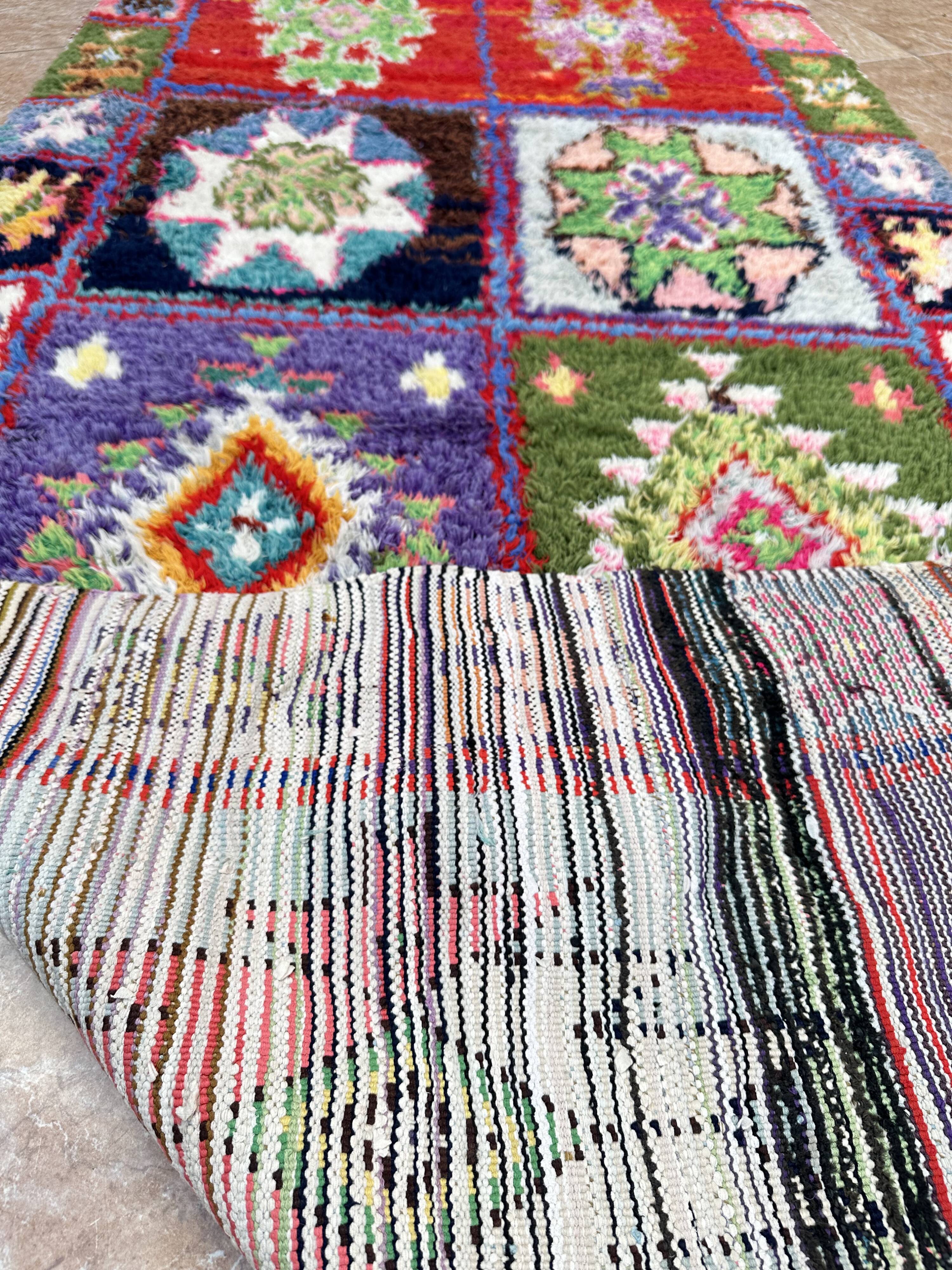 Vintage Boucherouite hallway rug: handwoven Berber rug.