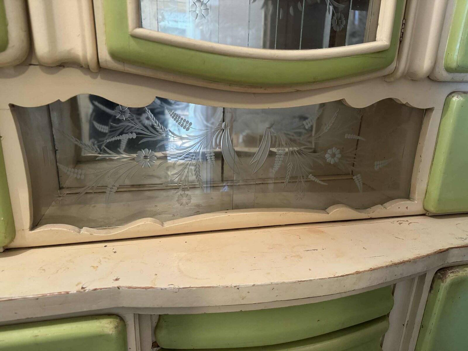 Hungarian Art Deco green and cream kitchen cabinet with glass doors, 1940s
