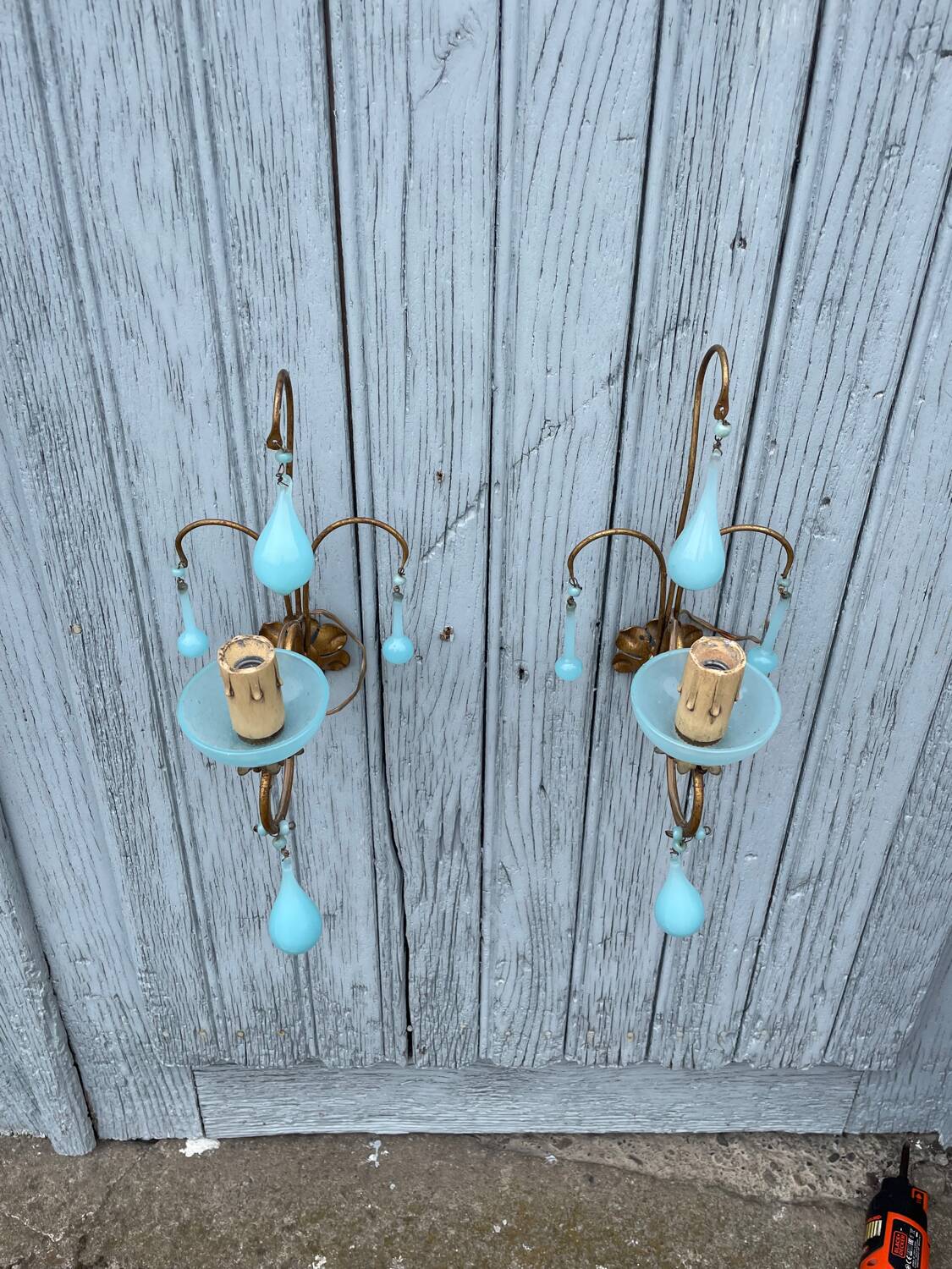 Pair of vintage turquoise blue opaline glass bead sconces