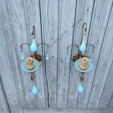 Pair of vintage turquoise blue opaline glass bead sconces