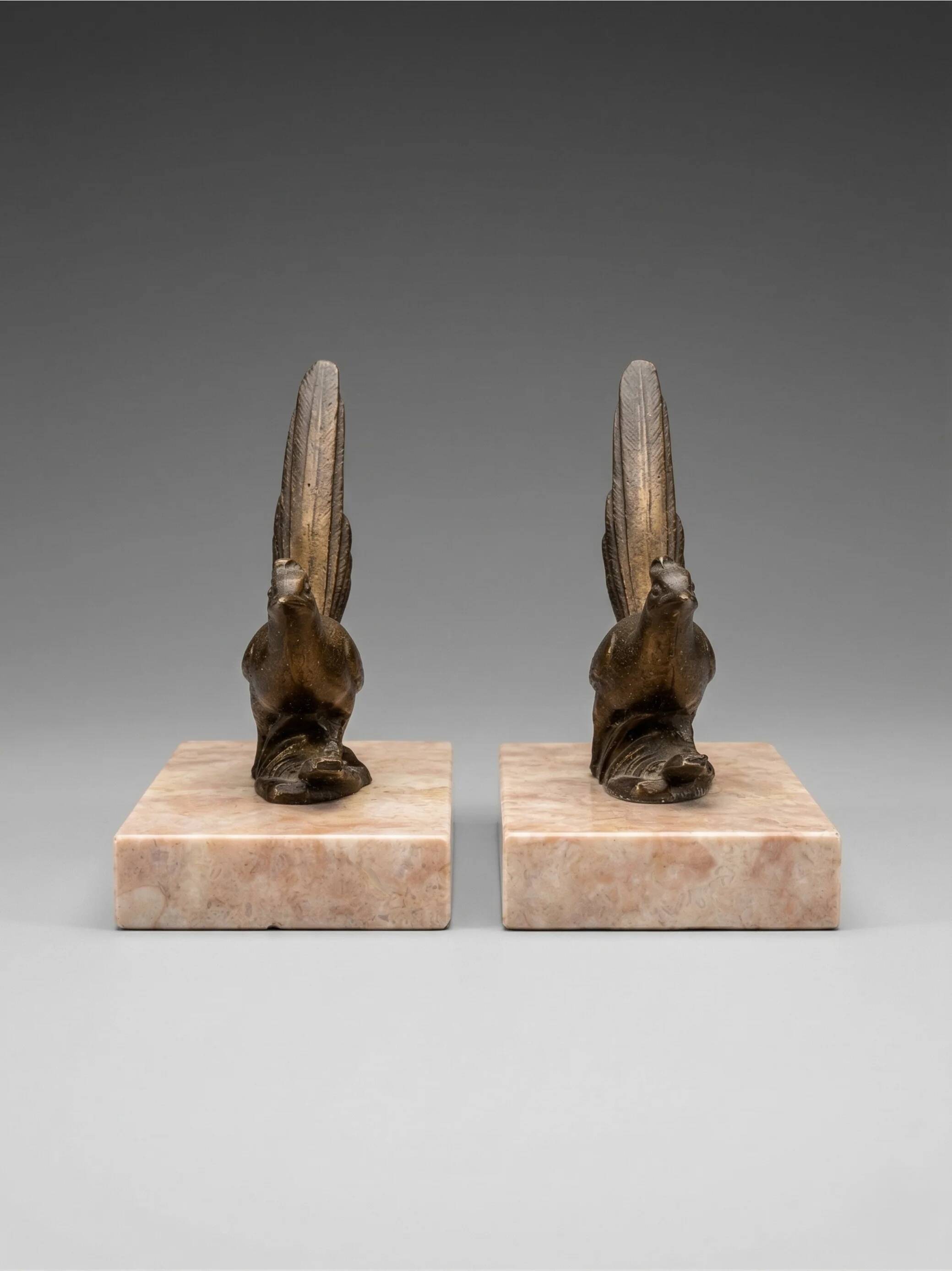 Art Deco bookends with birds – patinated metal and pink marble
