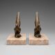Art Deco bookends with birds – patinated metal and pink marble