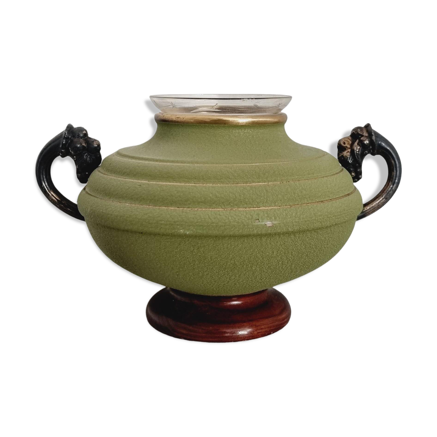 Metal, wood, and engraved glass vase. Swedish grace, 1930s.