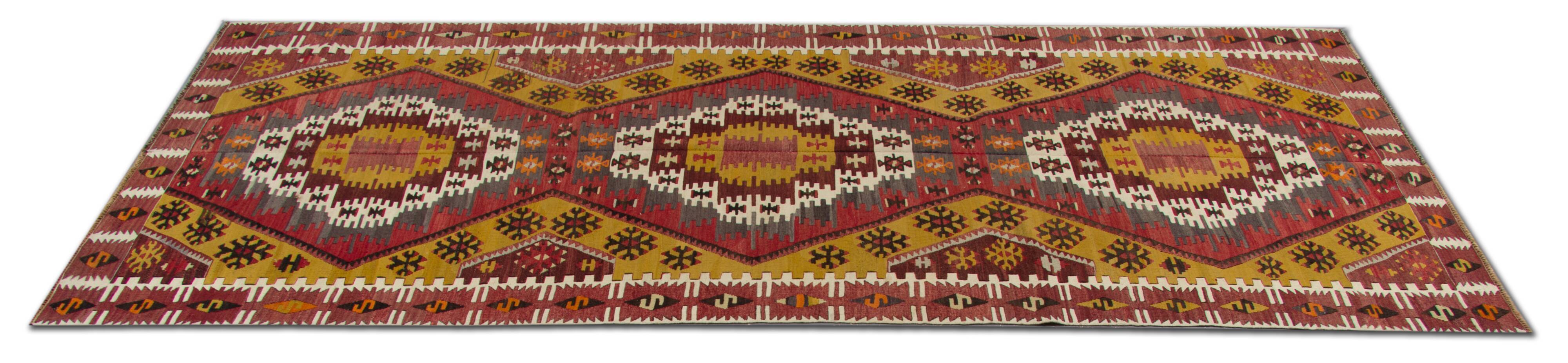 Antique Turkish Runner Rug, Handwoven Traditional Wool Kilim Rug- 140x390cm