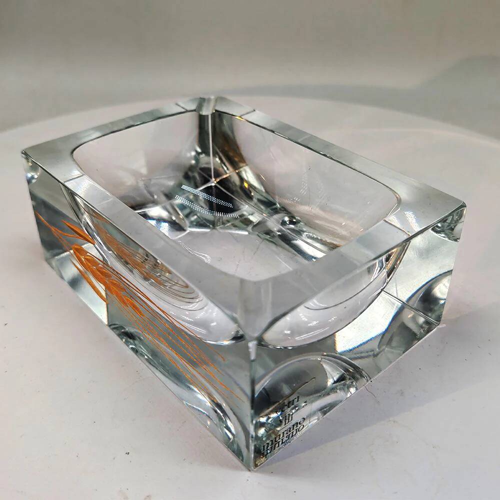 1960s rectangular ashtray or catch-all in Murano glass by Pagnin & Bon with handcrafted 24k gold finishing. Made in Italy.