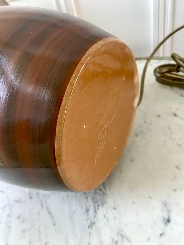 Stoneware lamp and linen lampshade 50s-60s