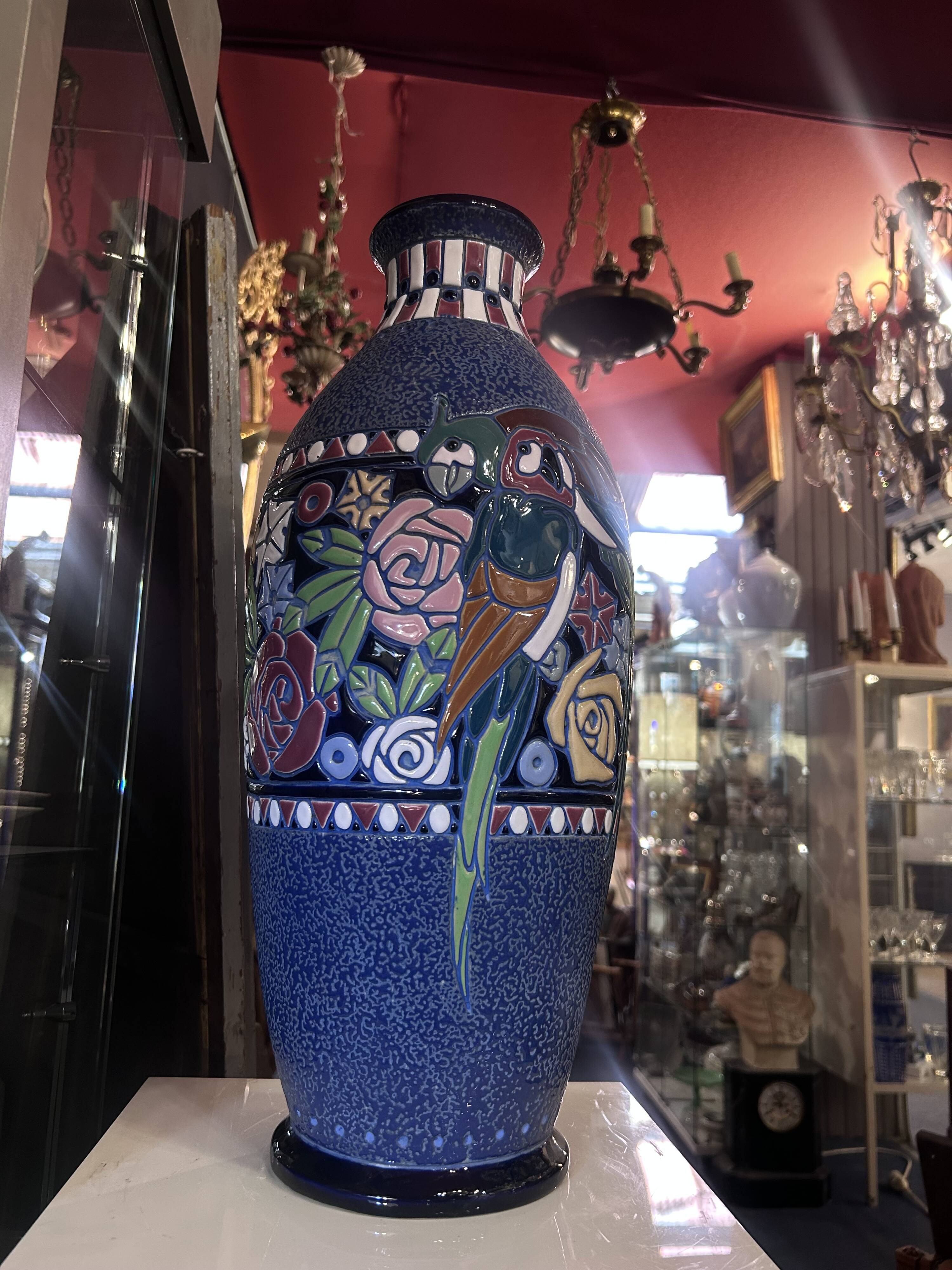 Art Deco Vase in Enamel with Birds by Amphora Czecho-Slovakia, 1920