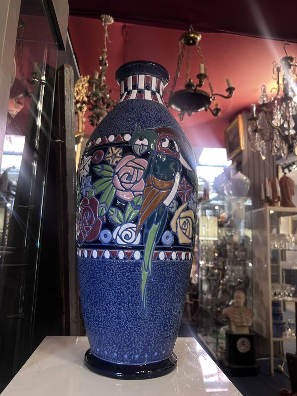 Vase Art Déco en Émail avec Oiseaux par Amphora Czecho-Slovakia, 1920