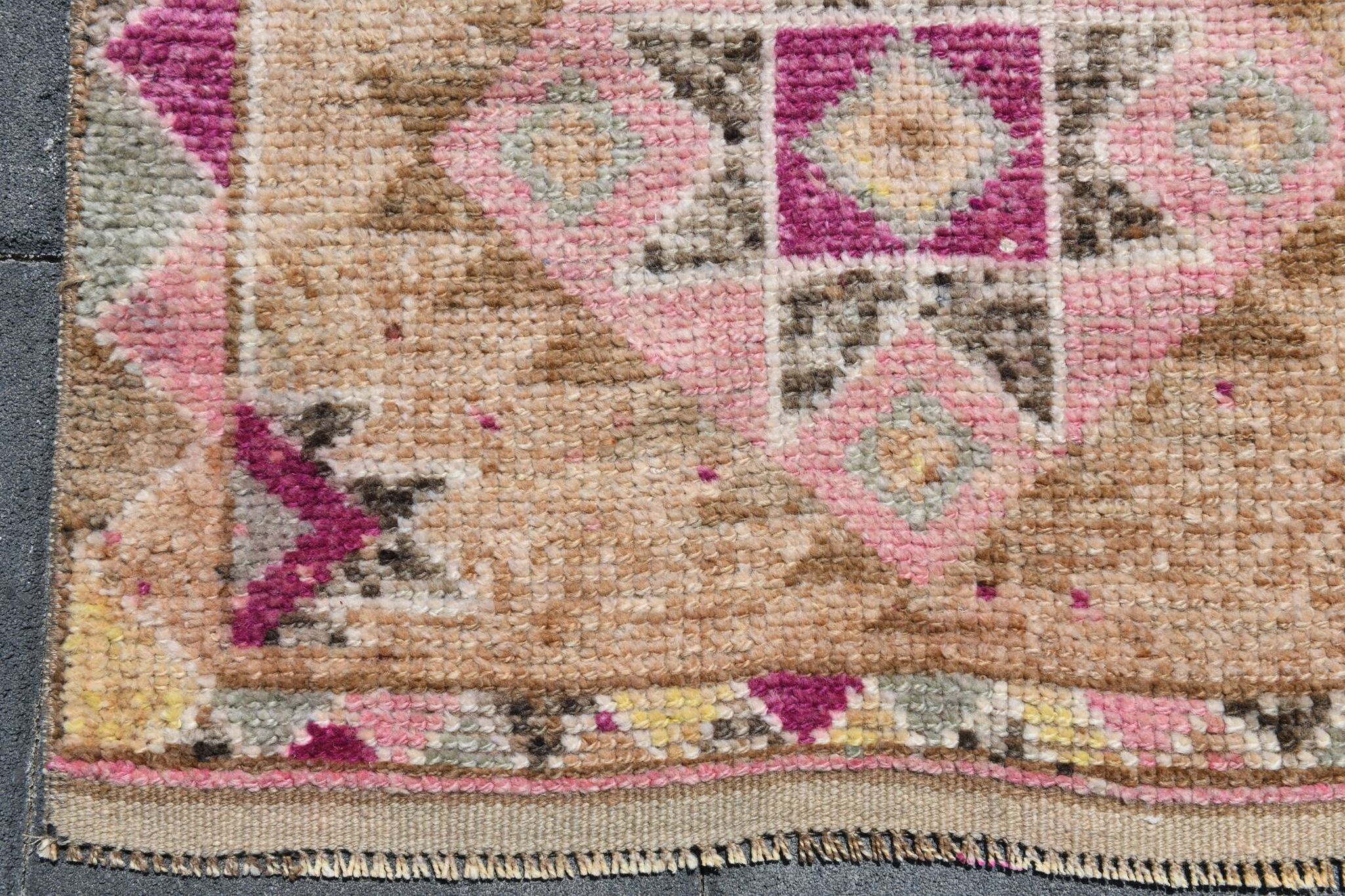 Fuchsia & Pink Vintage Runner Rug,Anatolian Geometric Wool Carpet,80x364 Cm