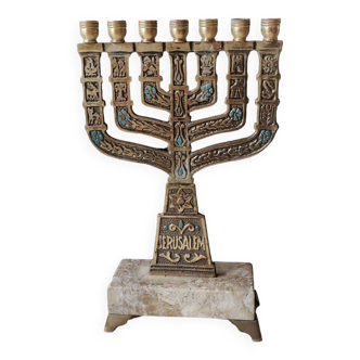 Hebrew menorah/candlestick with 7 arms. Symbols 12 tribes of Israel. Jerusalem/Shalom inscription, engraved Israel. Brass on marble base