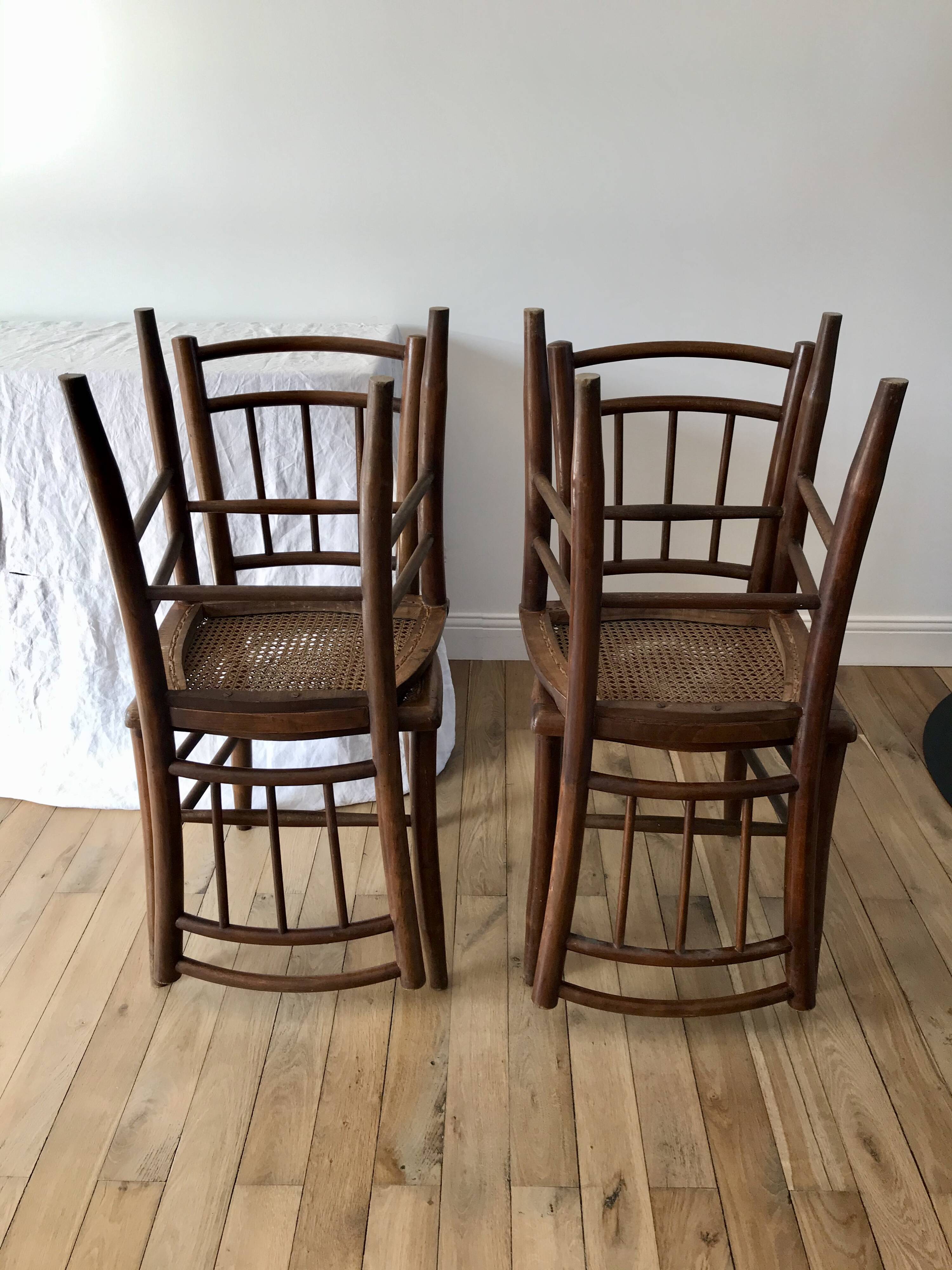 set of 4 bistro chairs in turned wood and canework stamped early 20th century